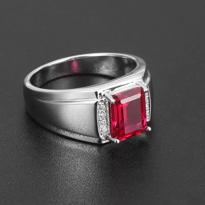 Rectangular Ruby Minimal Men's Ring with Stepped Shoulders — ring worn on hand