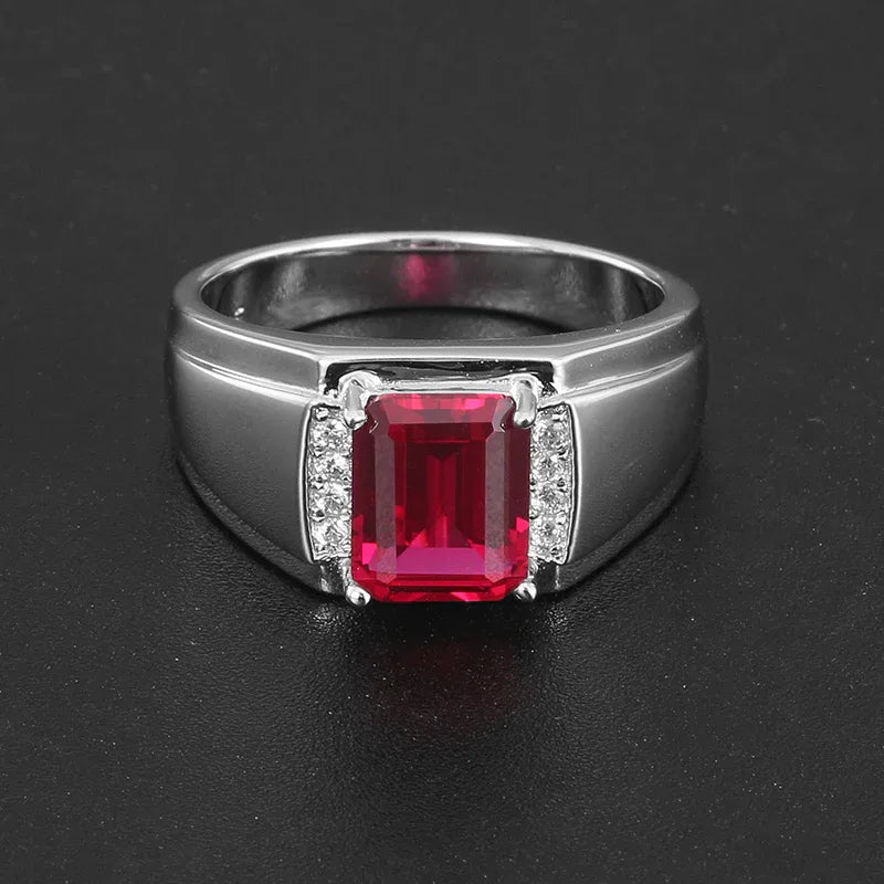 Rectangular Ruby Minimal Men's Ring with Stepped Shoulders — side profile of ring