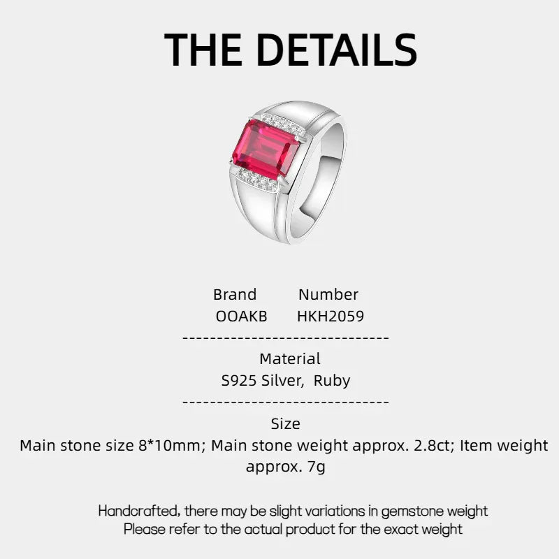 Rectangular Ruby Minimal Men's Ring with Stepped Shoulders — specification card with material and size details
