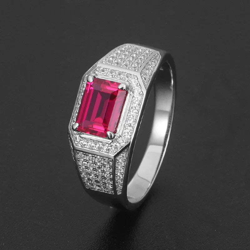 Rectangular Ruby Pavé-Style Men's Ring — angled ring view