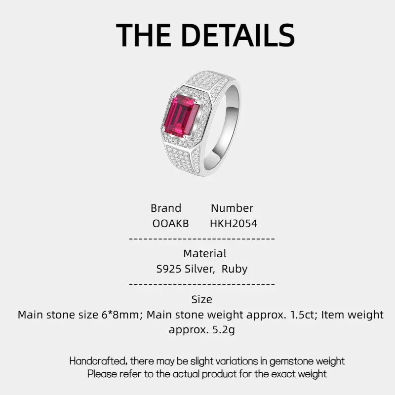 Rectangular Ruby Pavé-Style Men's Ring — specification card with material and size details