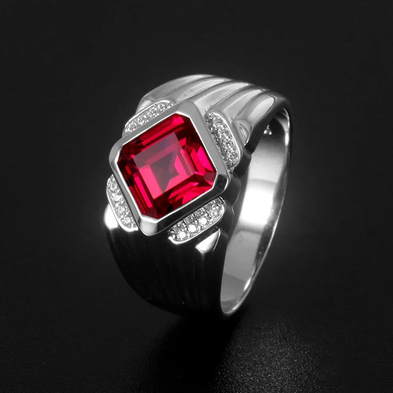Rectangular Ruby Ridged Men's Ring — angled ring view