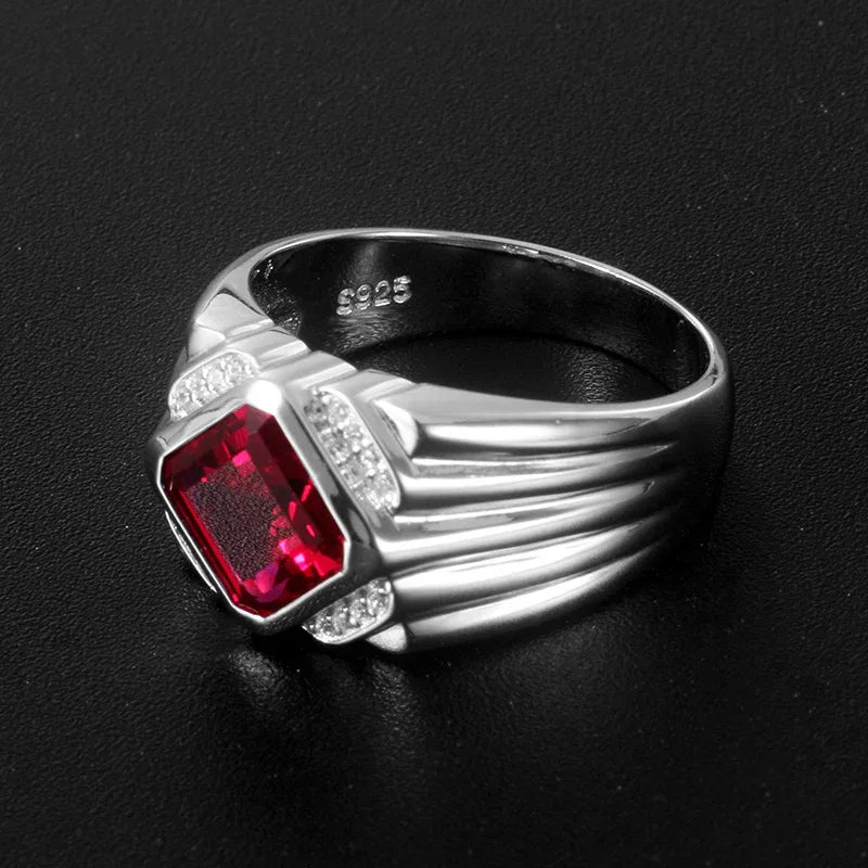 Rectangular Ruby Ridged Men's Ring — close-up of ruby setting