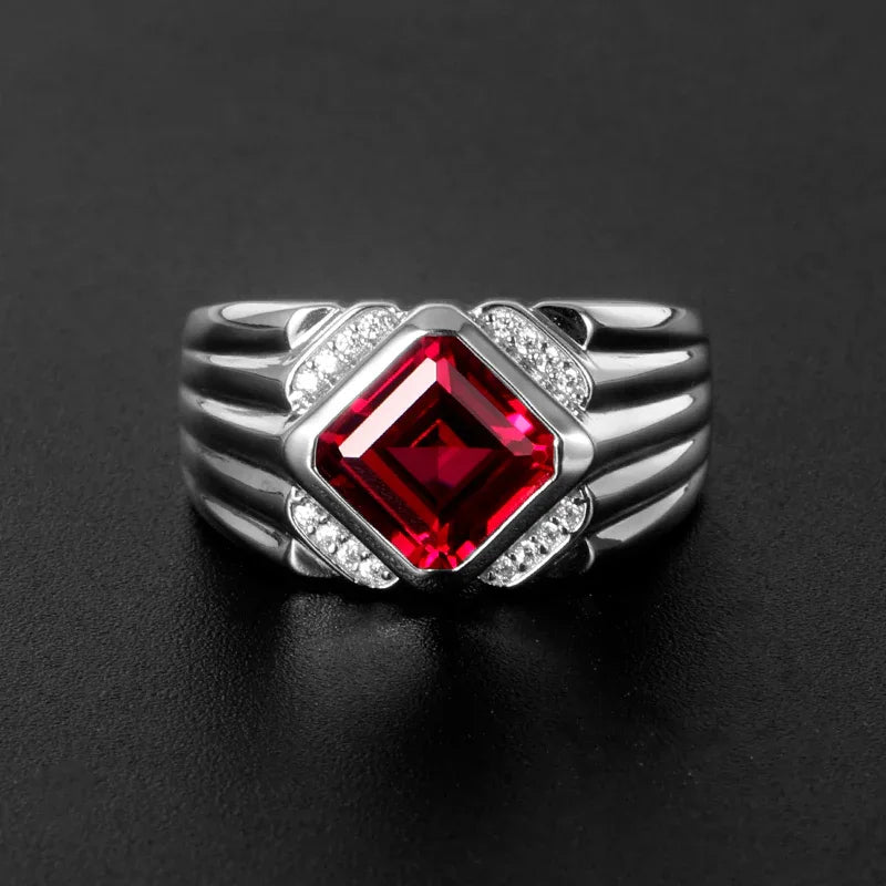 Rectangular Ruby Ridged Men's Ring — side profile of ring