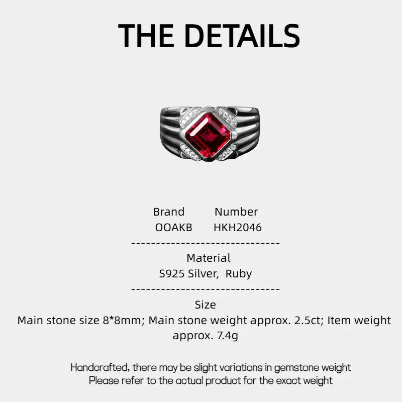 Rectangular Ruby Ridged Men's Ring — specification card with material and size details