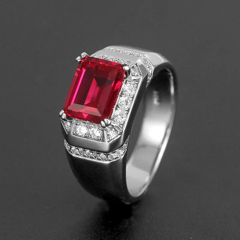 Rectangular Ruby Side-Accent Men's Ring — angled ring view