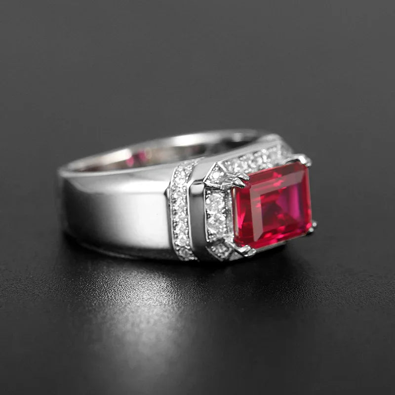 Rectangular Ruby Side-Accent Men's Ring — close-up of ruby setting
