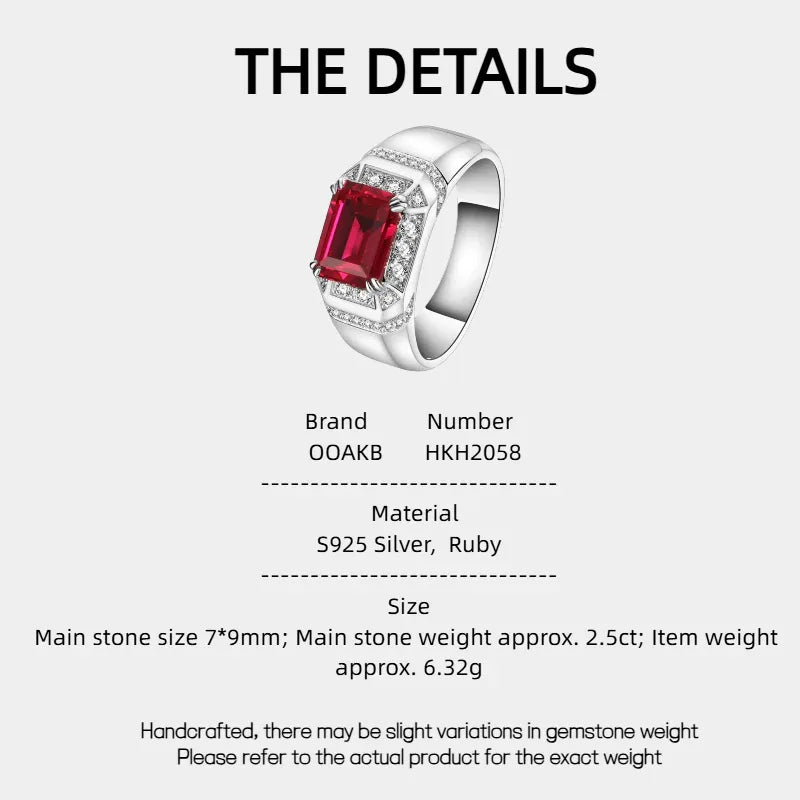 Rectangular Ruby Side-Accent Men's Ring — specification card with material and size details