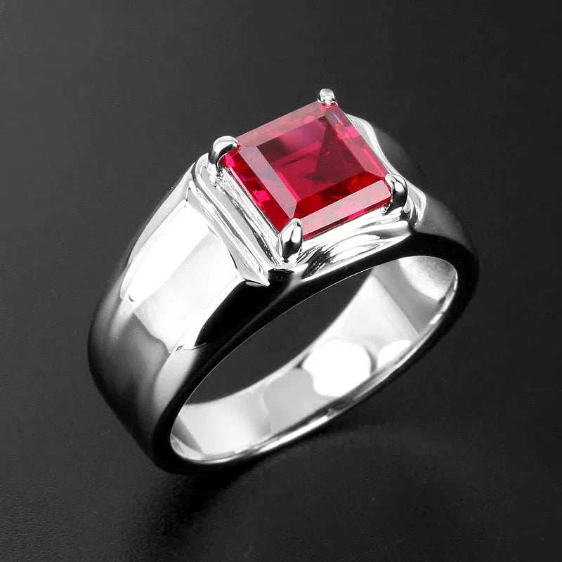 Rectangular Ruby Silver-Tone Men's Ring — angled ring view