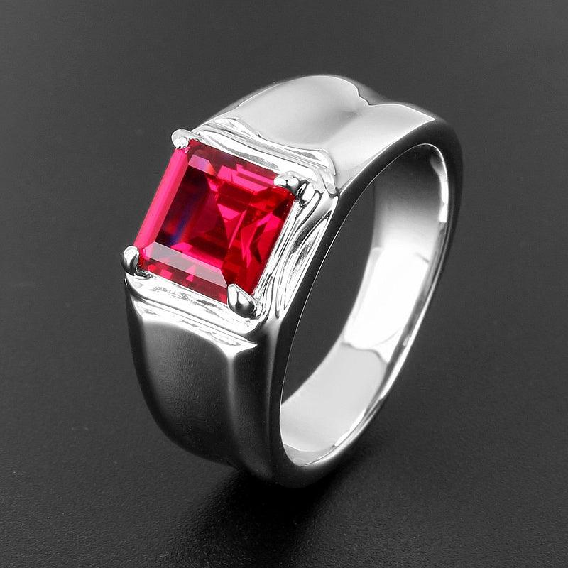 Rectangular Ruby Silver-Tone Men's Ring — close-up of ruby setting