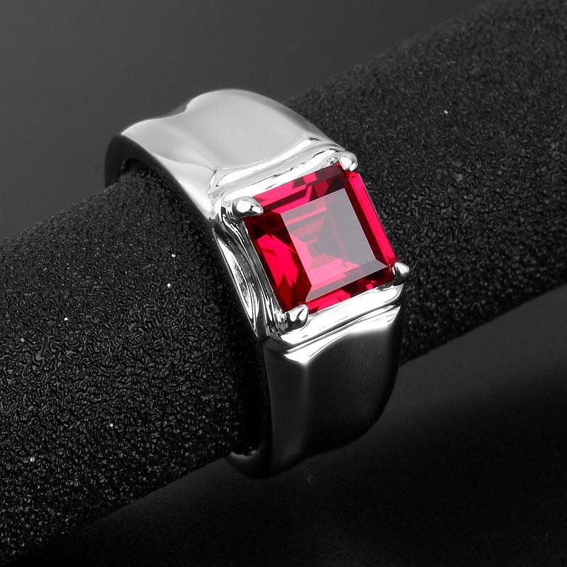 Rectangular Ruby Silver-Tone Men's Ring — ring worn on hand