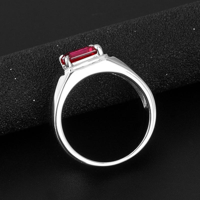 Rectangular Ruby Silver-Tone Men's Ring — side profile of ring