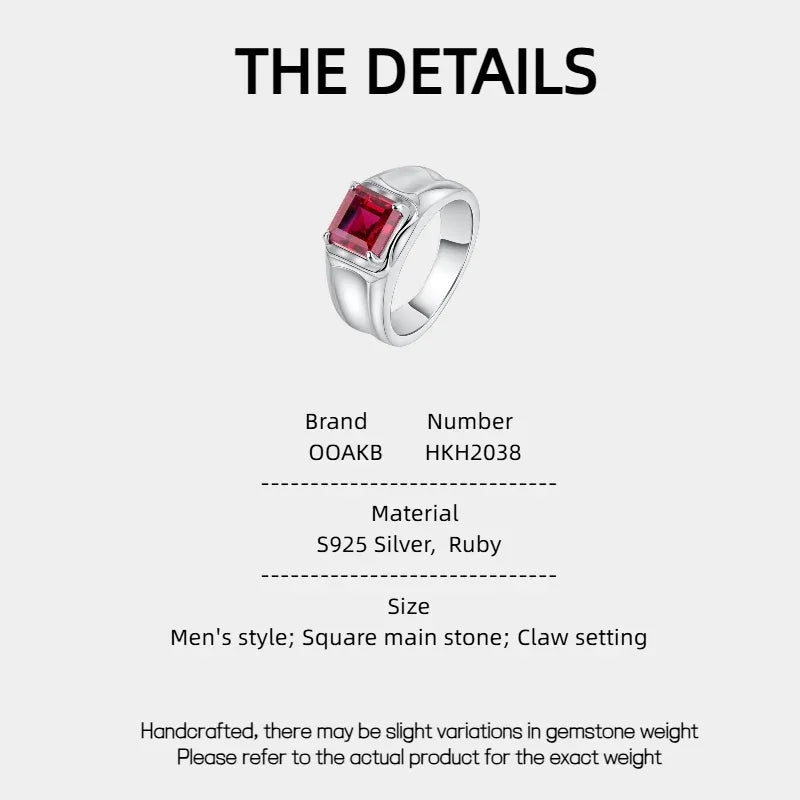 Rectangular Ruby Silver-Tone Men's Ring — specification card with material and size details