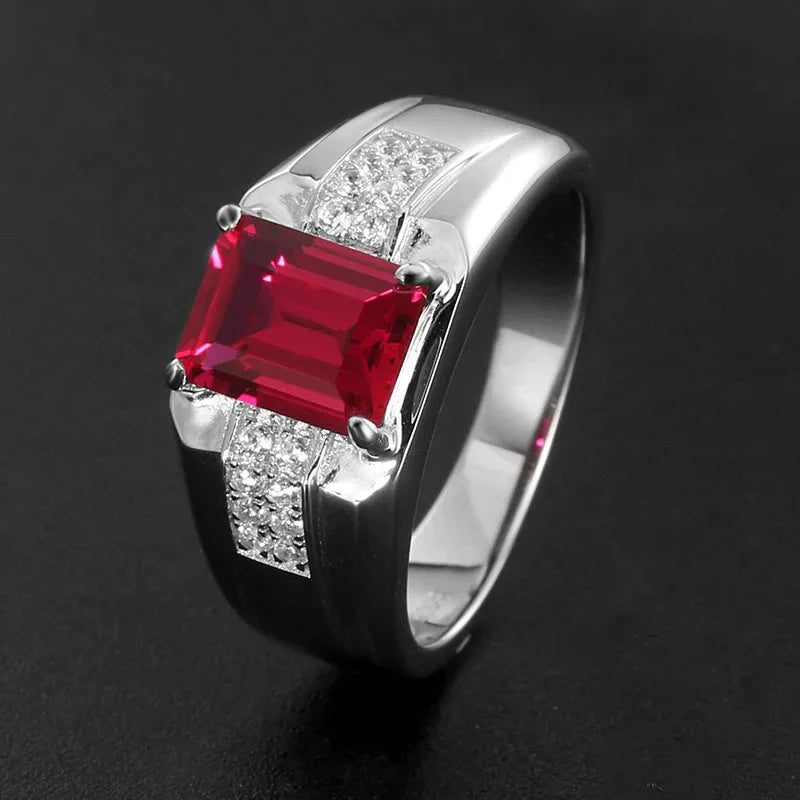 Rectangular Ruby Split-Shoulder Men's Ring — angled ring view