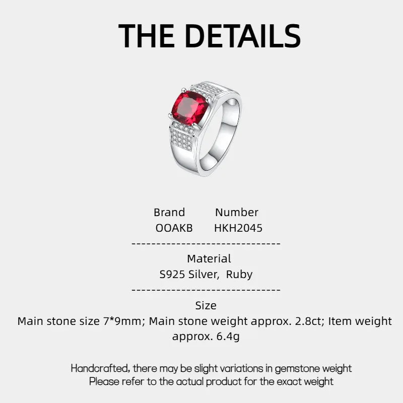 Rectangular Ruby Split-Shoulder Men's Ring — specification card with material and size details
