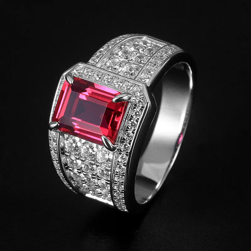 Rectangular Ruby Wide Pavé-Style Men's Ring — angled ring view