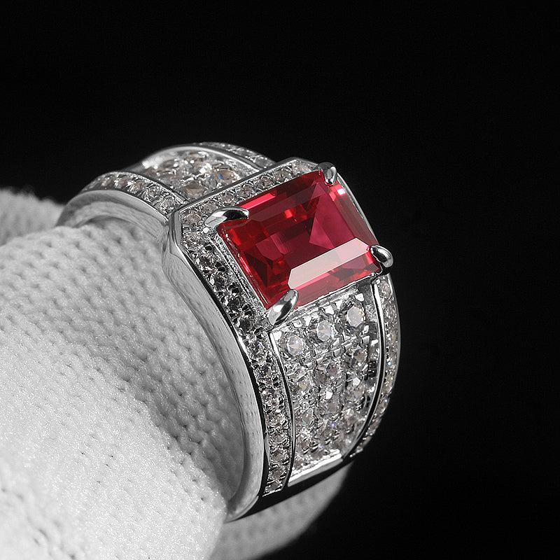 Rectangular Ruby Wide Pavé-Style Men's Ring — close-up of ruby setting