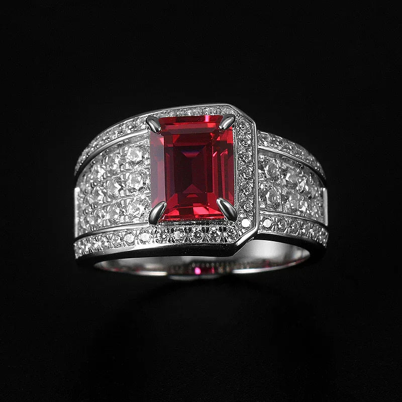 Rectangular Ruby Wide Pavé-Style Men's Ring — ring worn on hand