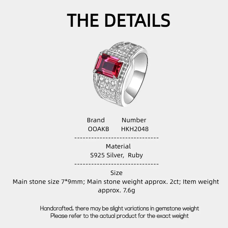 Rectangular Ruby Wide Pavé-Style Men's Ring — specification card with material and size details