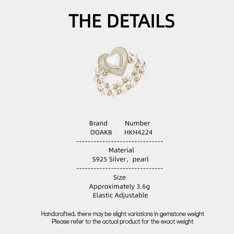 Triple-Row Pearl Heart Stretch Ring — specification card with material and size details