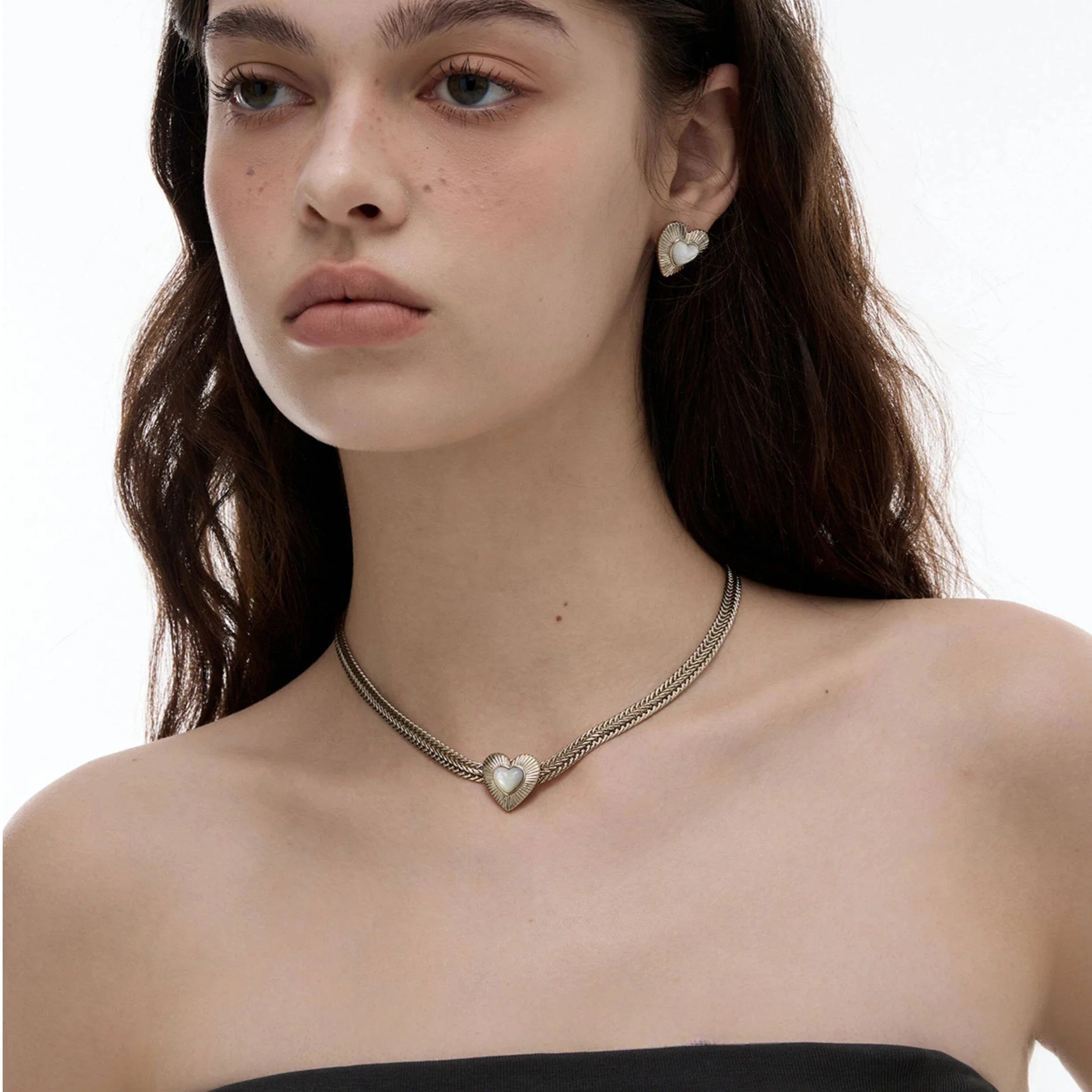 Double-Chain Pearl Heart Necklace — alternate front portrait with the heart centered