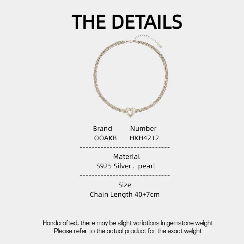 Double-Chain Pearl Heart Necklace — specification card with material and size details