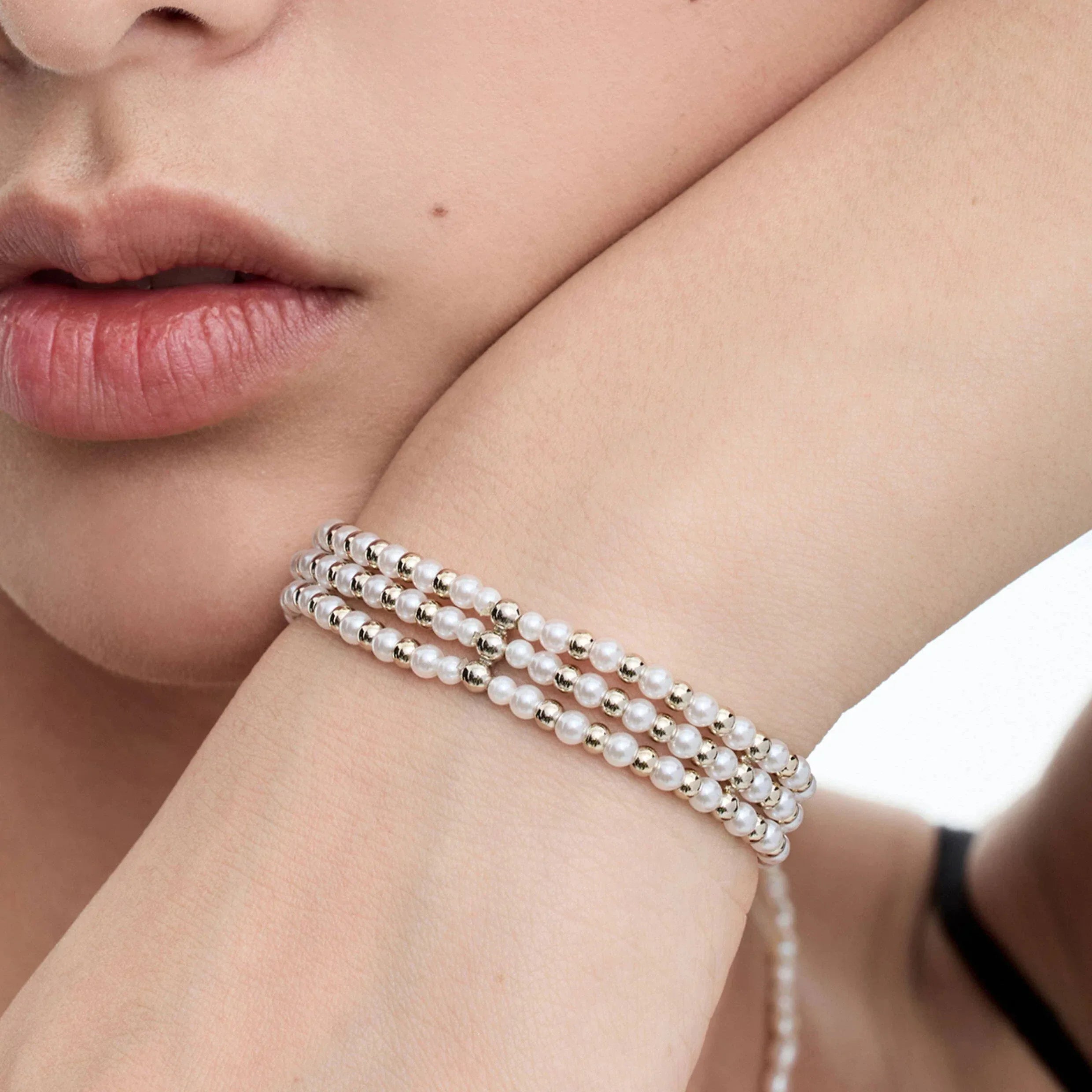 Multi-Row Pearl Heart Stretch Bracelet — alternate wrist-worn portrait