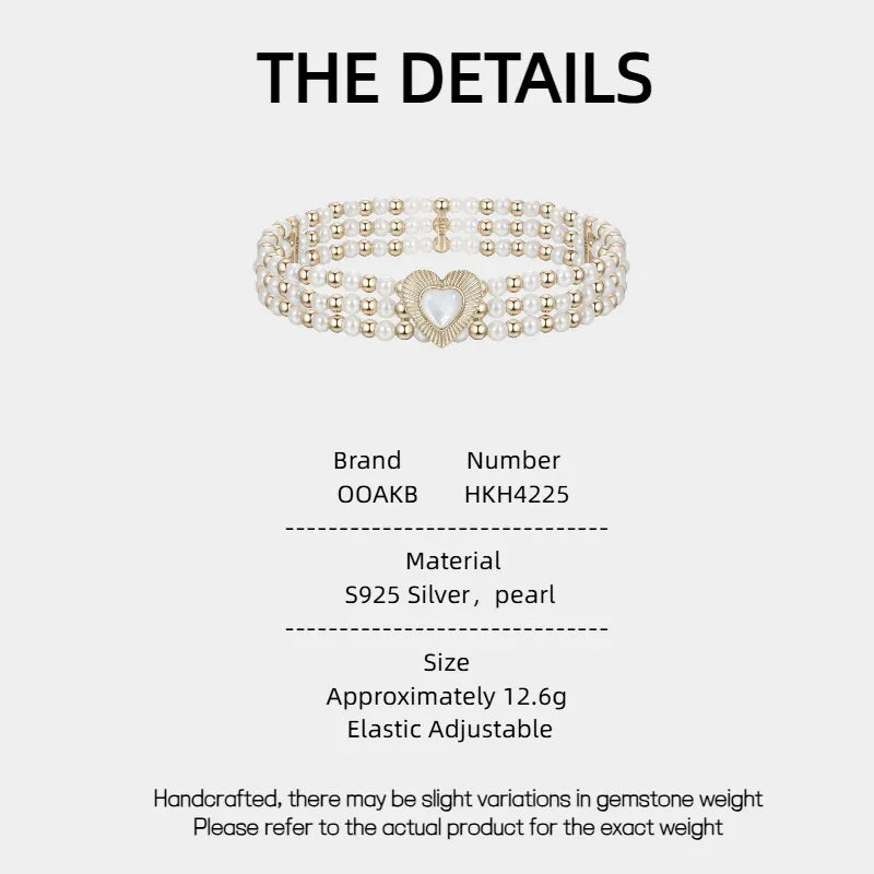 Multi-Row Pearl Heart Stretch Bracelet — specification card with material and size details