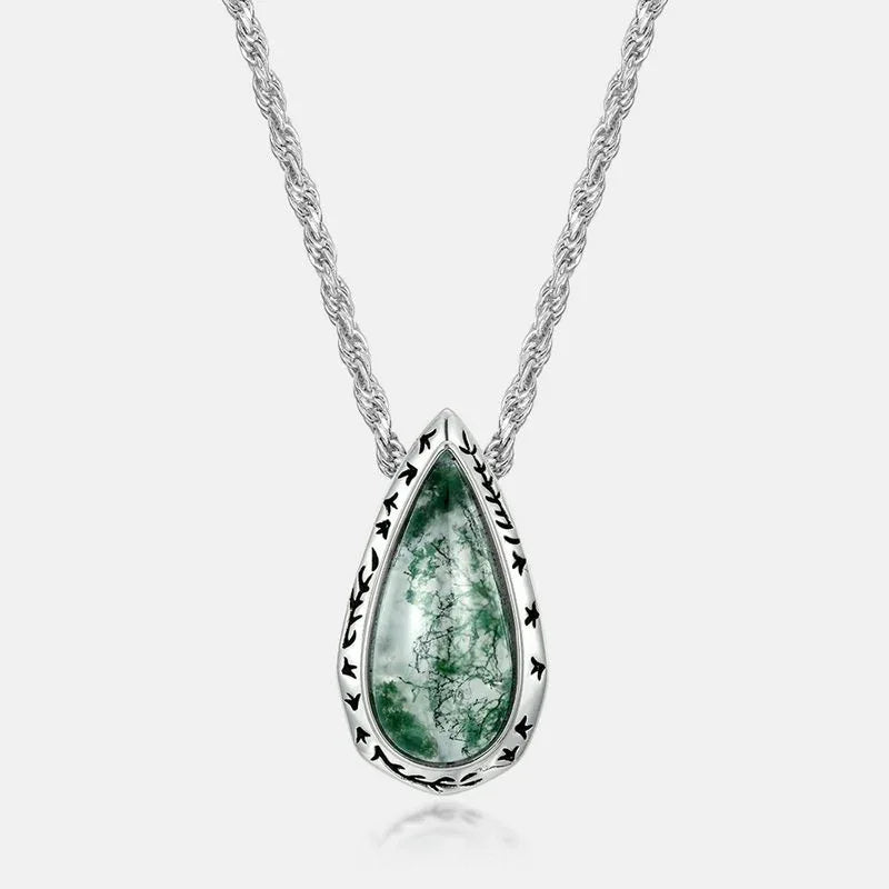 Retro Teardrop Moss Agate Pendant Necklace — angled pendant and chain detail 4