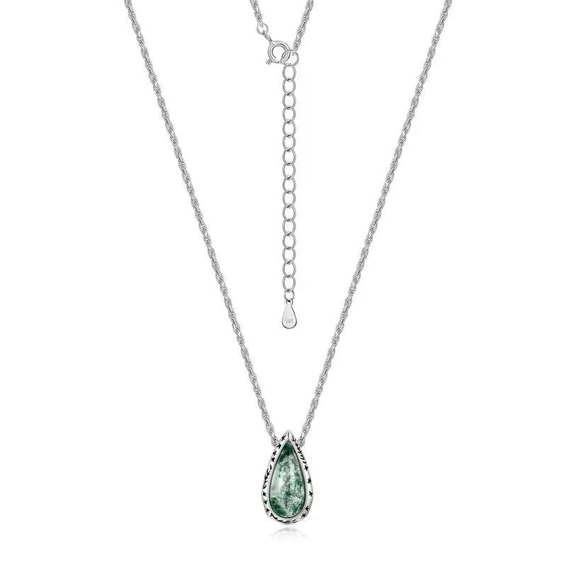 Retro Teardrop Moss Agate Pendant Necklace — full necklace arrangement 5