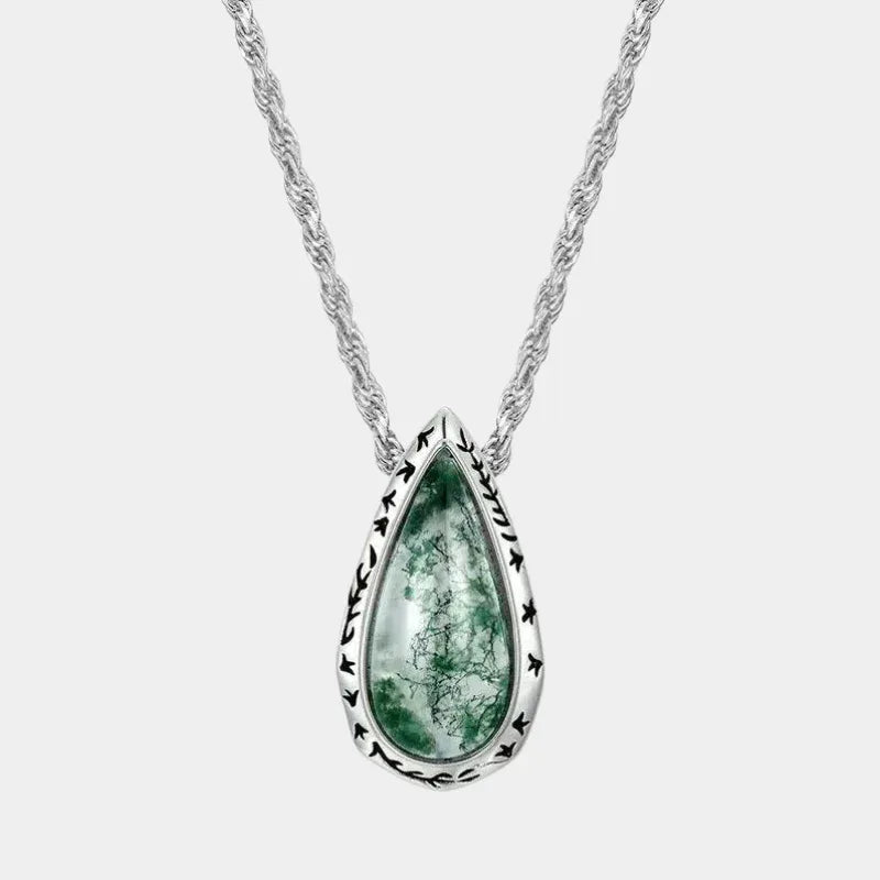 Retro Teardrop Moss Agate Pendant Necklace — full necklace view on a light background