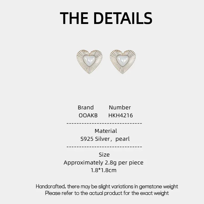 Ridged Pearl Heart Stud Earrings — specification card with material and size details