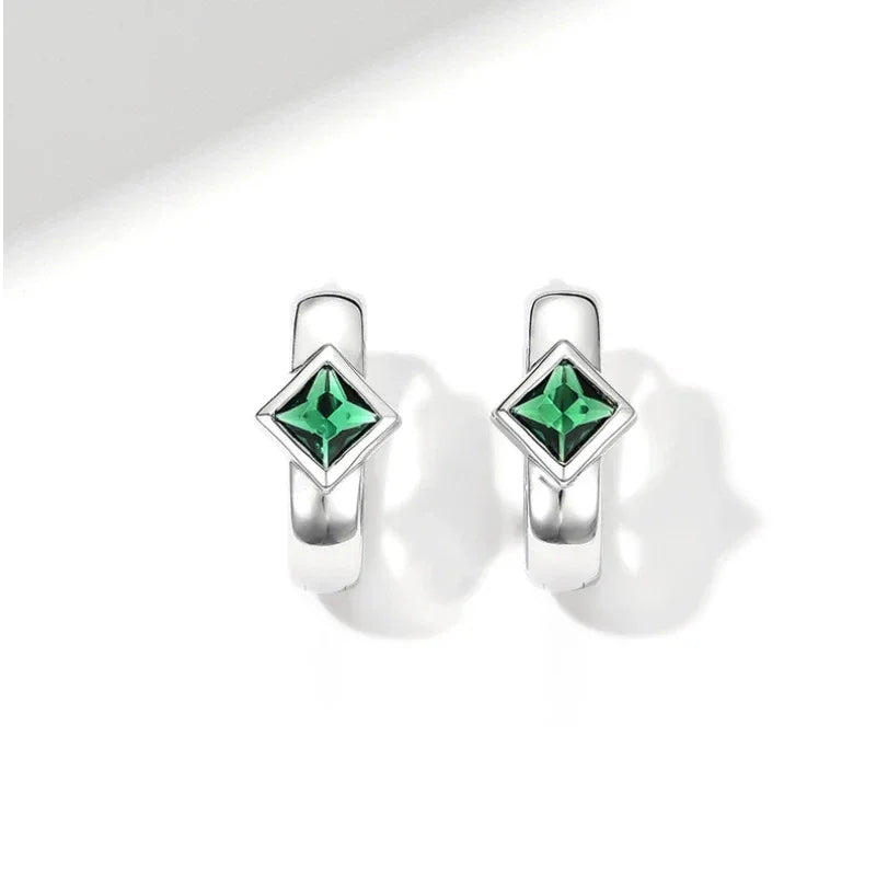 Rhombus Emerald Huggie Hoop Earrings rear view showing earring backs
