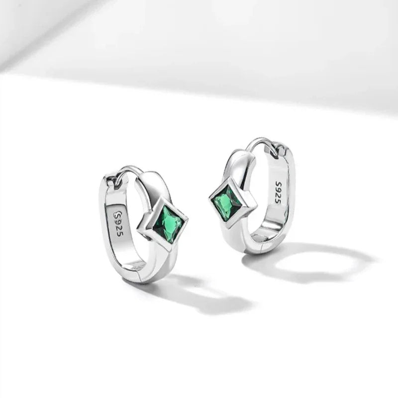 Rhombus Emerald Huggie Hoop Earrings side view showing posts and settings