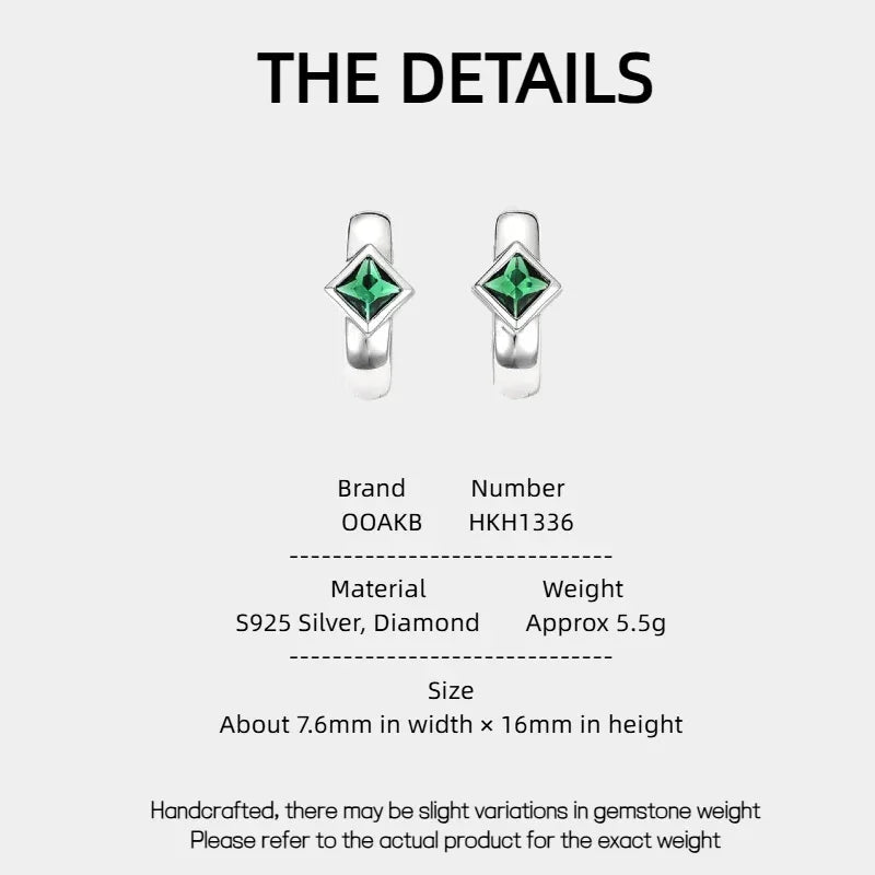 Rhombus Emerald Huggie Hoop Earrings specification card with product measurements