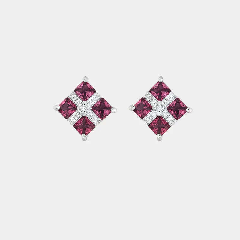 Rose-Purple Garnet Geometric Stud Earrings front product view on a light background