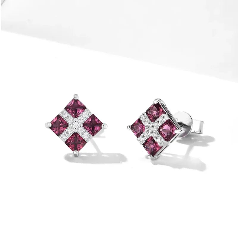 Rose-Purple Garnet Geometric Stud Earrings rear and band detail view