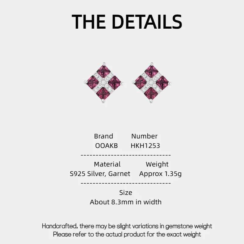 Rose-Purple Garnet Geometric Stud Earrings specification card with measurements and material details