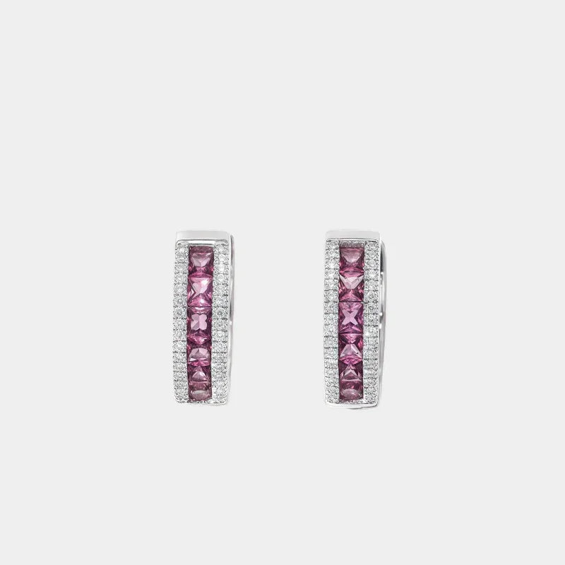 Rose-Purple Garnet Huggie Hoop Earrings front product view on a light background