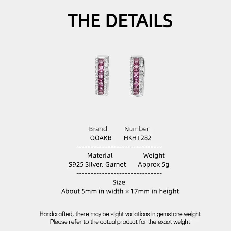 Rose-Purple Garnet Huggie Hoop Earrings specification card with measurements and material details