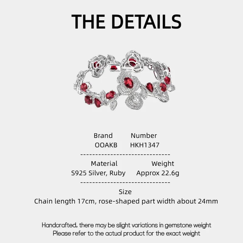 Rose-shaped Ruby Bracelet S925 Silver — specification card with material and size details