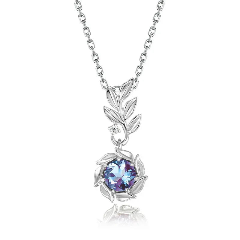 Round Alexandrite leaf drop necklace, front product view on a white background