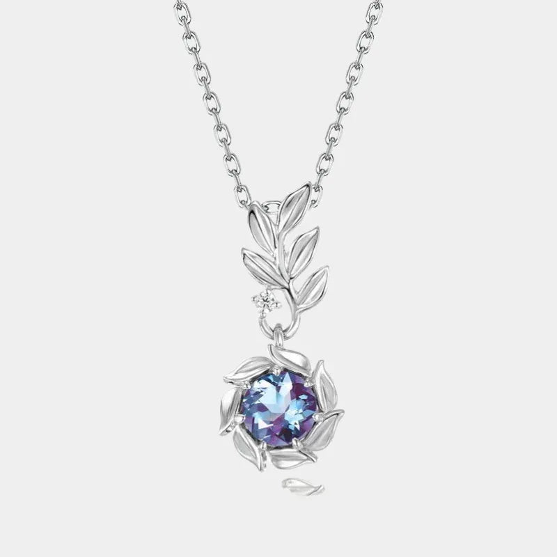 Round Alexandrite leaf drop necklace, full product view on a white background