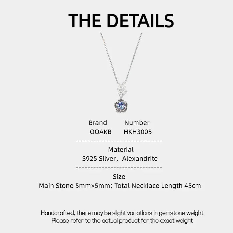 Round Alexandrite rose pendant necklace with a leaf connector, product specification card with text