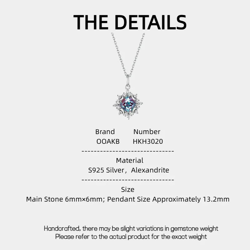 Round Alexandrite starburst pendant necklace, product specification card with text