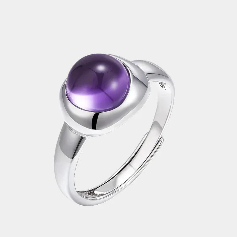 round amethyst bezel ring front product view on a white background