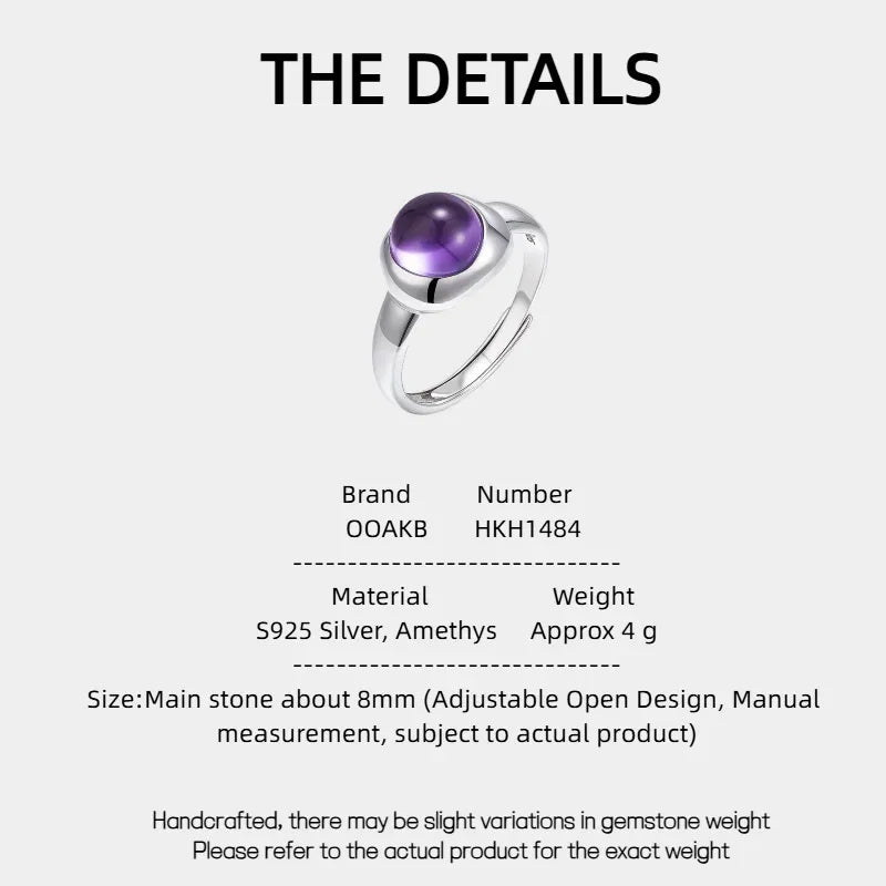 round amethyst bezel ring specification card with product measurements