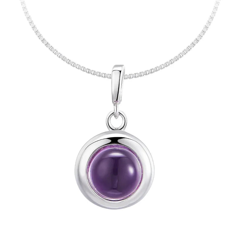 round amethyst bezel pendant necklace front pendant view on a white background