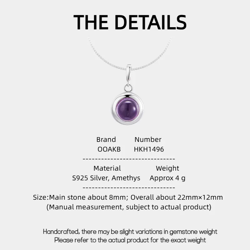 round amethyst bezel pendant necklace specification card with product measurements