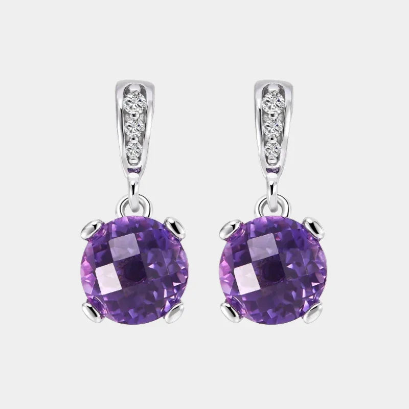 round amethyst drop earrings front product view on a white background